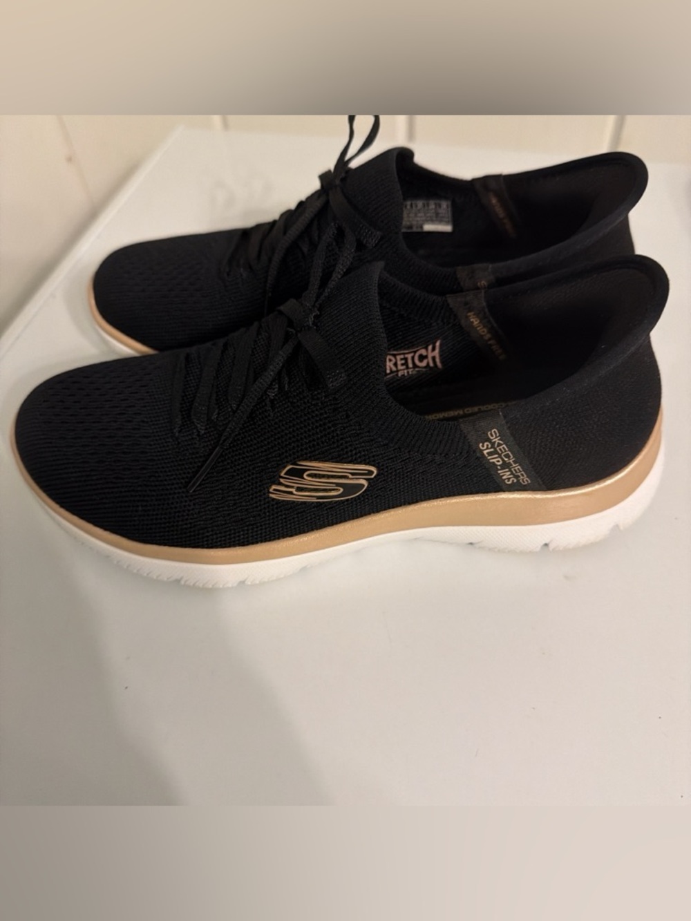 Skechers Black Knit Slip-On Sneakers with Tan Gold Trim